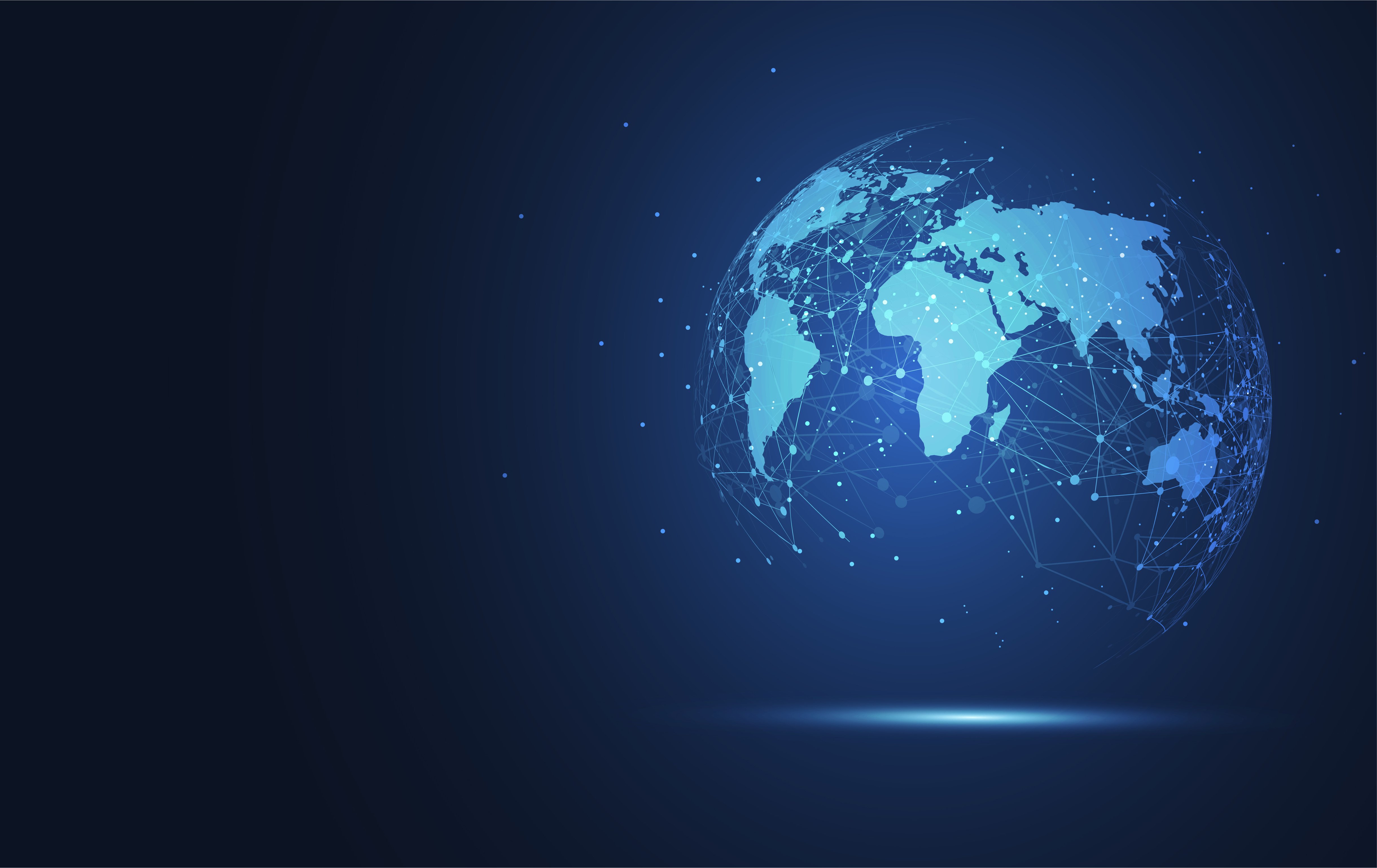 A graphic of a blue globe with lines on it indicating a global network